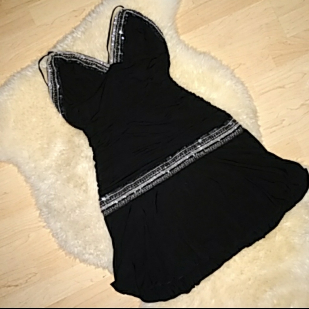 BCBGMAXAZRIA Sequin Beaded Ruching Bubble hem LBD